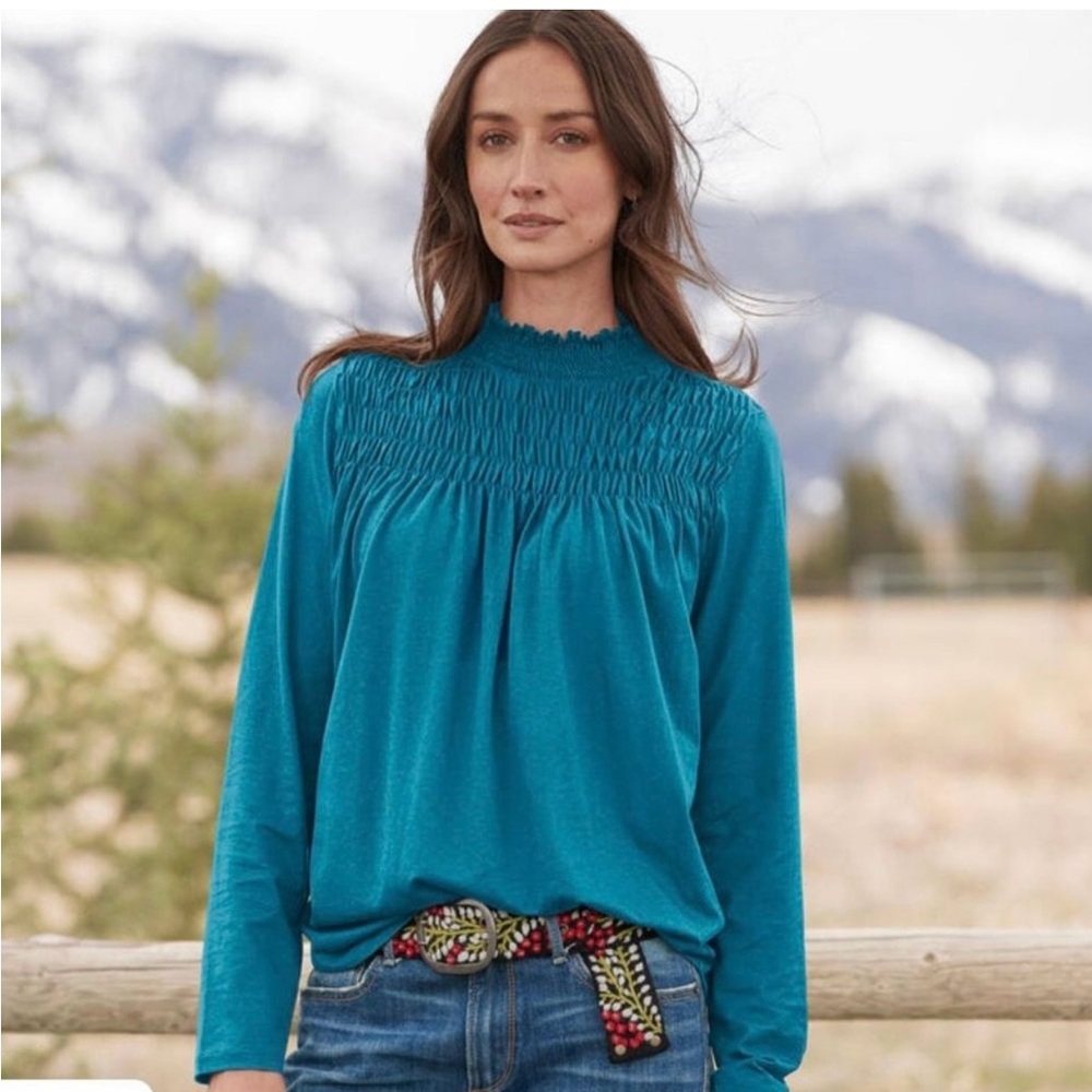 Sundance Teal Smocked Yoke Long-Sleeve Top